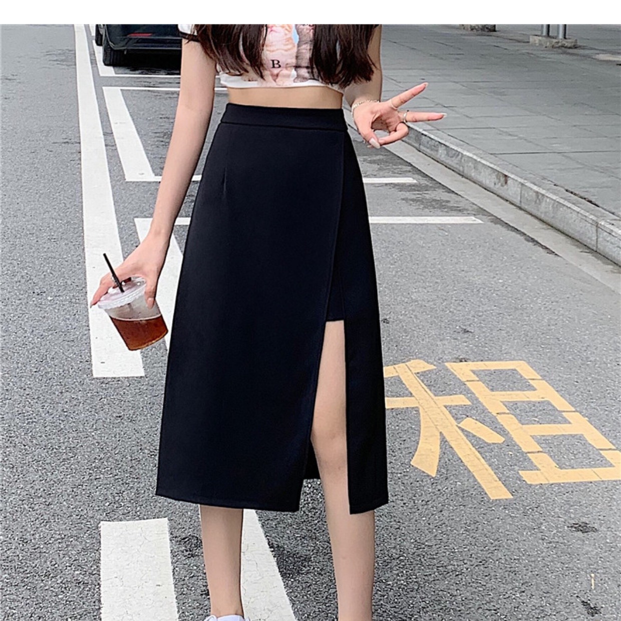Temperament Summer French Hepburn Style Black A- line Skirt High Waist Slimming Draping Side Split Mid-length Skirt