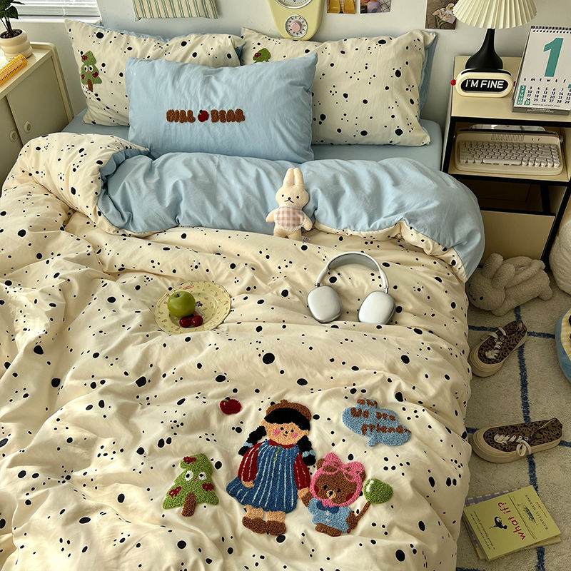 Ins Style Cartoon Towel Embroidered Bed Four-piece Set Girls High-value Quilt Cover Bed Sheet Student Dormitory Three-piece Set
