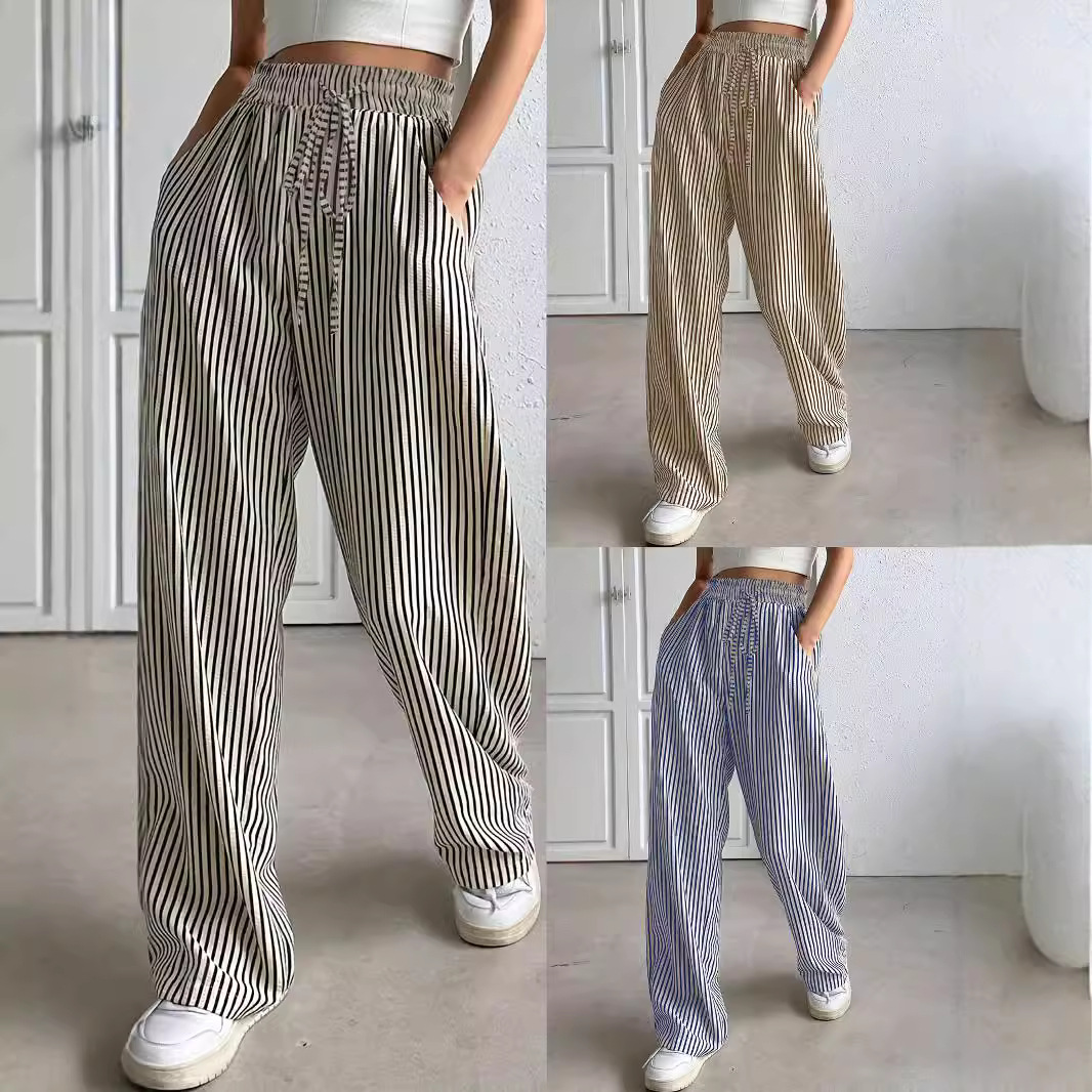 European and American Cross-border Foreign Trade Summer Women's Fashion Explosions Independent Station Amazon Striped Casual Pants Straight Leg Pants