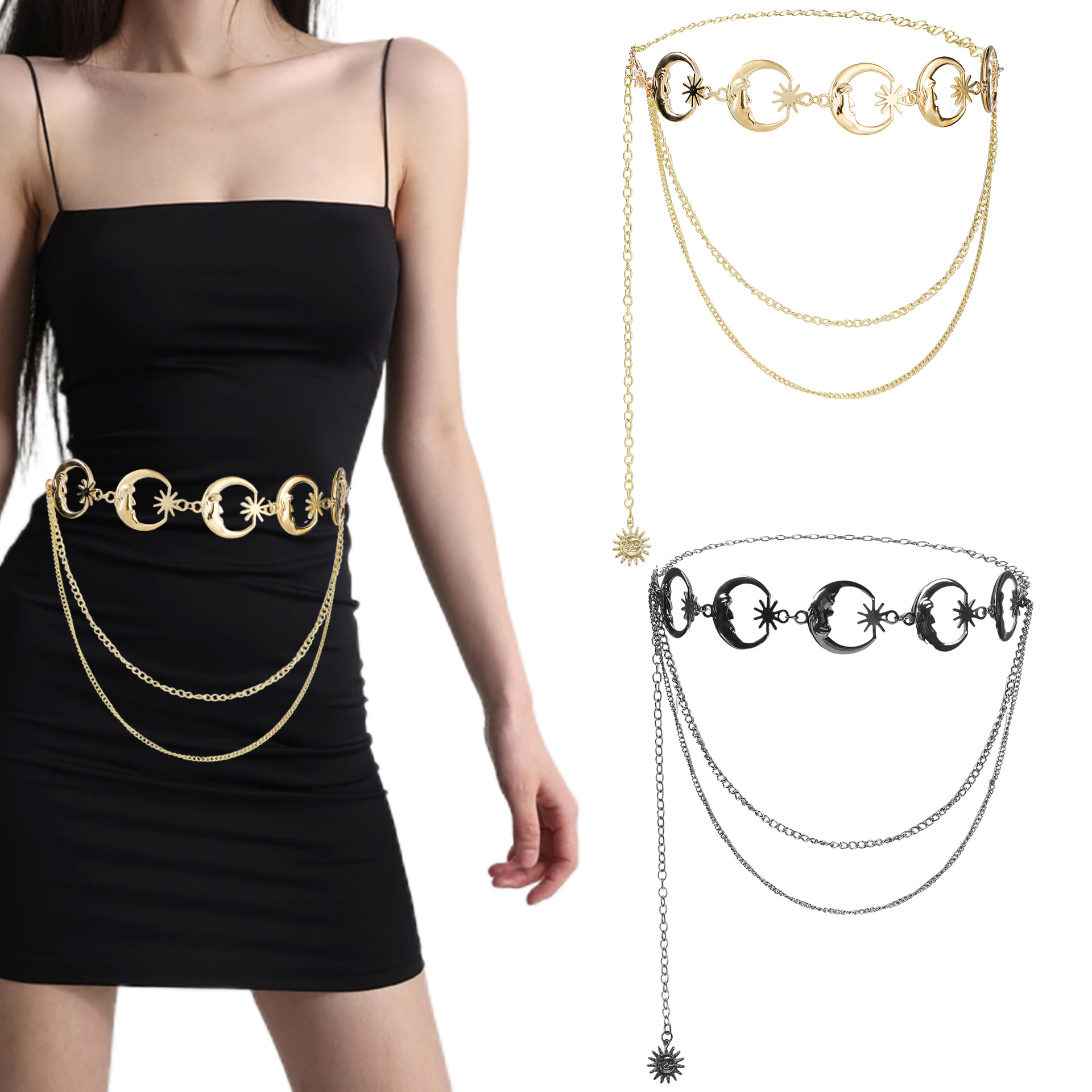 European Cross-Border Personalized Waist Chain Jewelry Retro Metal Moon Star Adjustable Decorative Simple Chain Yiwu Wholesale