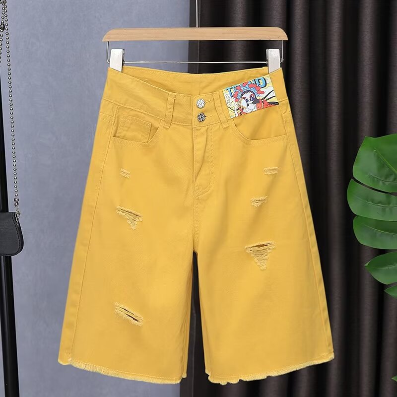 2025 Summer New High-Waisted Slimming Straight Wide-Leg Denim Shorts for Women, Loose Trendy Mid-Length Shorts for Hot Girls