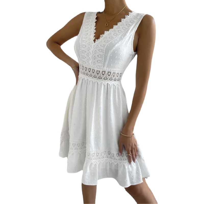 2023 Independent Station Cross-Border New Product Hot Version Lace Splicing Pleated V Neck Sexy Backless Dress
