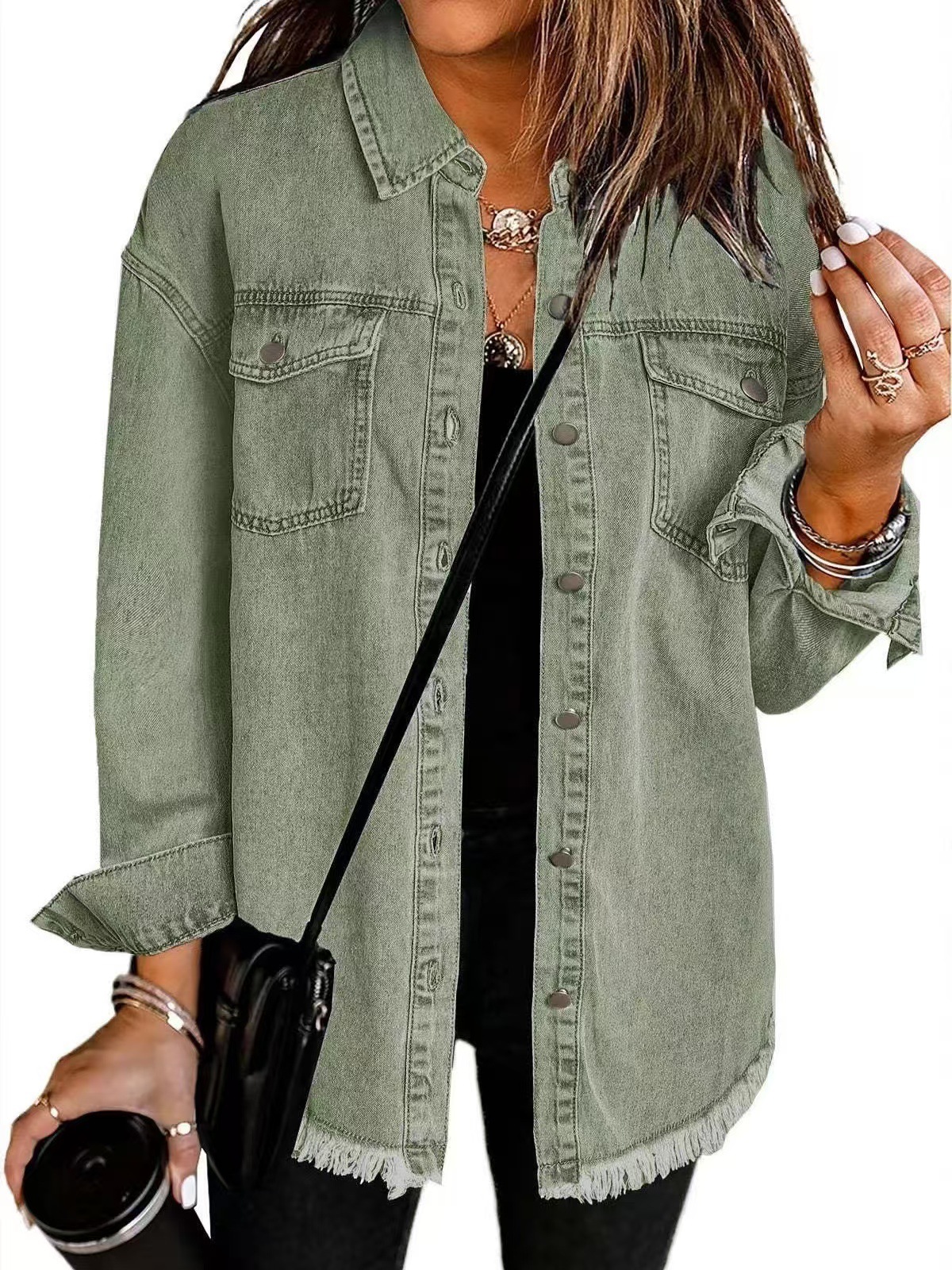 Picture of Cross-border New Washed Denim Shirt Jacket 2024 European and American Women's Autumn and Winter Distinctive Street Style Edge Hem Jacket