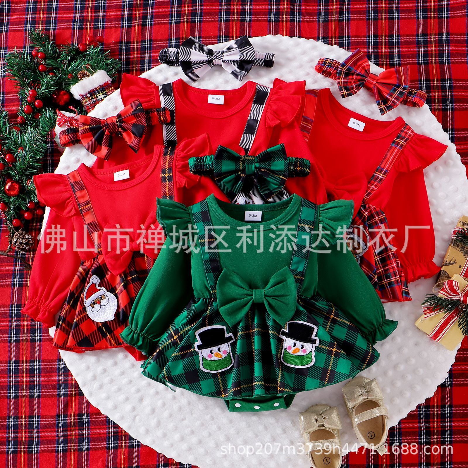 2024 autumn new baby toddler jumpsuit Christmas solid color khaki open plaid skirt hairband