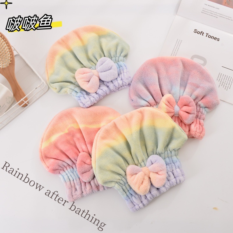 Coral Fleece Dry Hair Cap Absorbent Thickened Cartoon Princess Cap Women's Bath Cute Dry Hair Towel Rainbow Bow Shower Cap