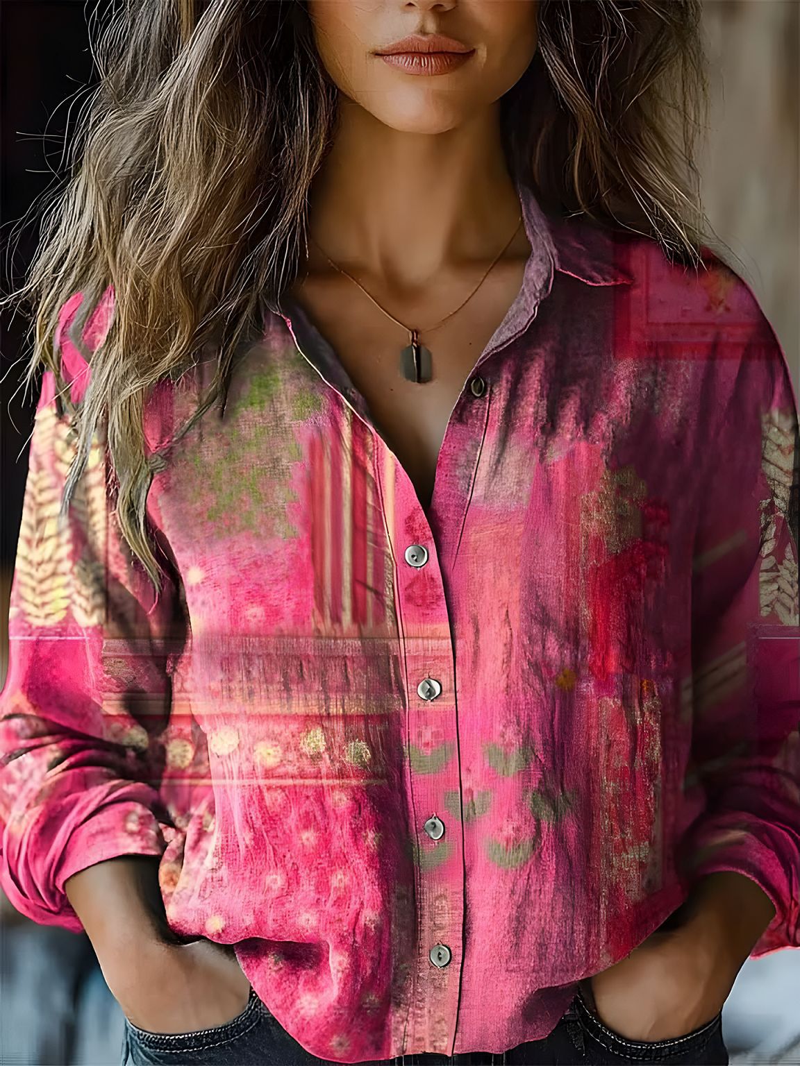 Picture of 2025 Cross-border European and American Foreign Trade Women's Spring and Summer New Retro Printed Long-sleeved Casual Shirt Imitation Cotton and Linen Shirt