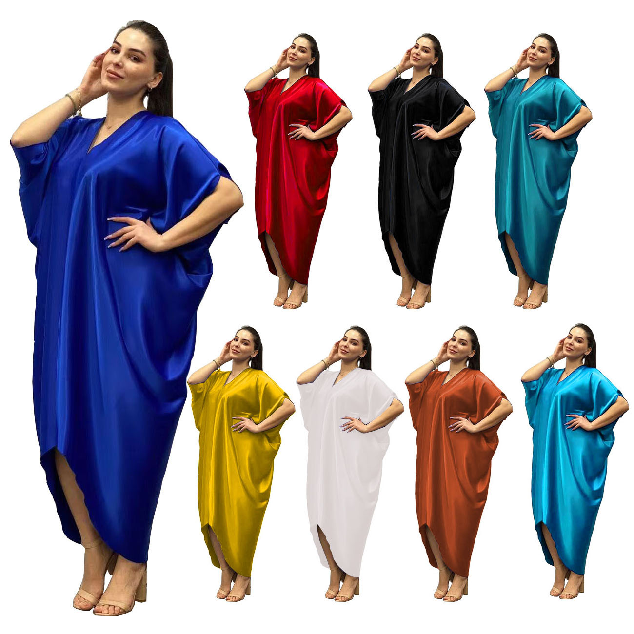 Shiny Silky Satin Loose V-neck Bat Sleeve Mid-sleeve Comfortable Fashion Long Dress dress Cross-border Supply