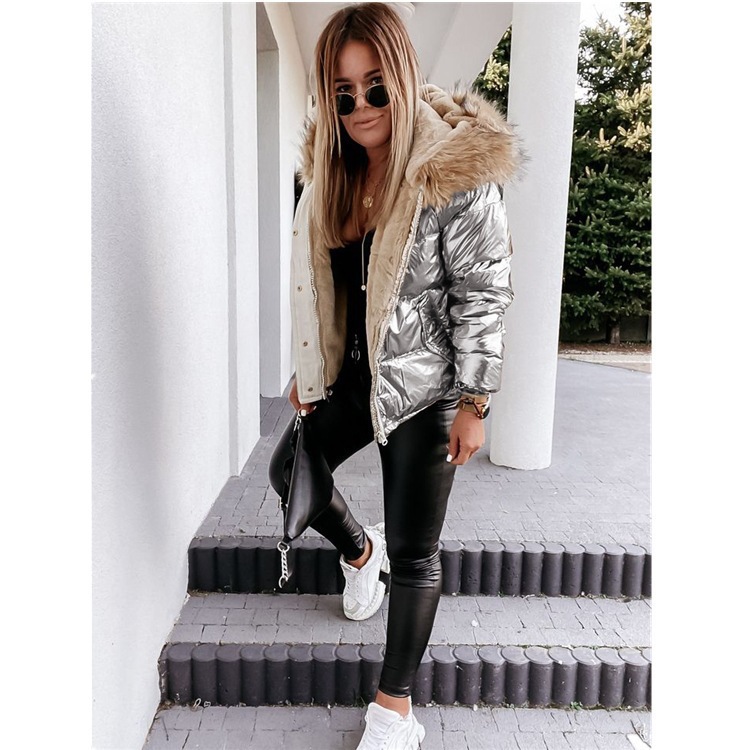 Picture of Cross-border European and American Amazon Hooded Slim-fit Short cotton-padded jacket Bright PU Solid Color Fashion Warm Zipper cotton-padded jacket