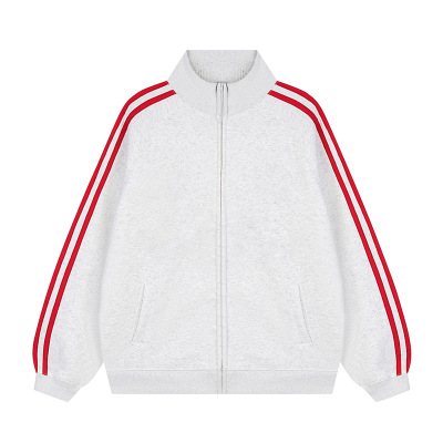 Picture of Korean version of the contrast color stand collar zipper sweater custom LOGO print three bar cardigan jacket overalls fleece-lined jacket