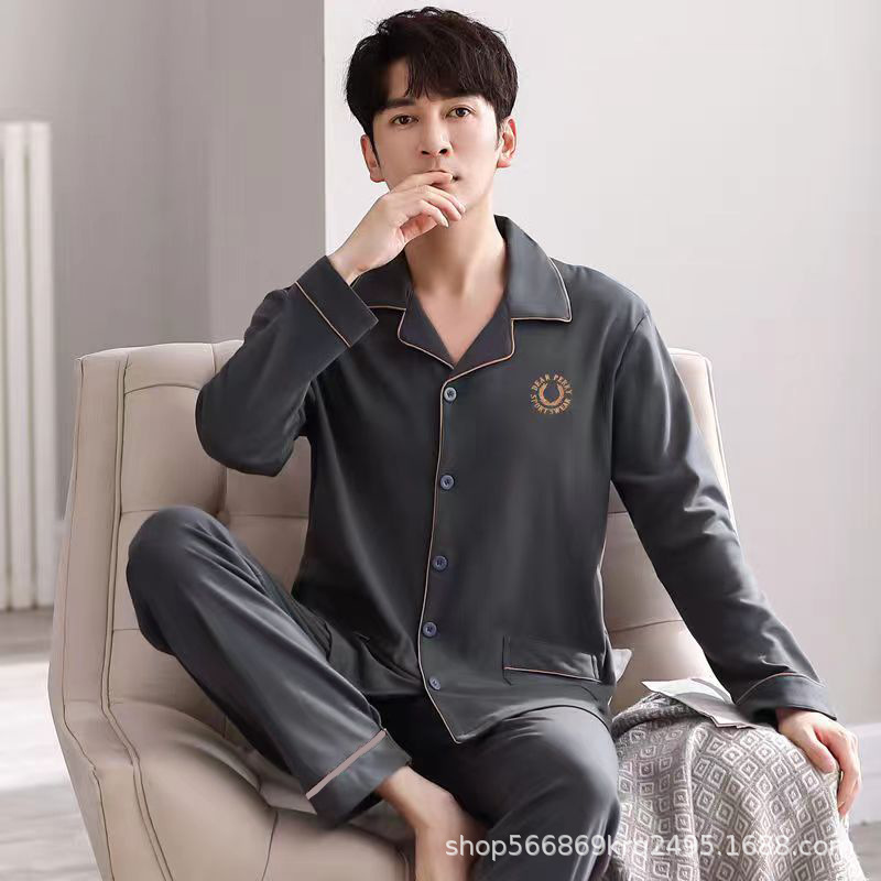 Picture of [Cloud Sense Sleeping] Spring and Summer Thin Men's Pajamas Men's Lapel Long Sleeve Casual Outer Wearing Home Clothes One suit