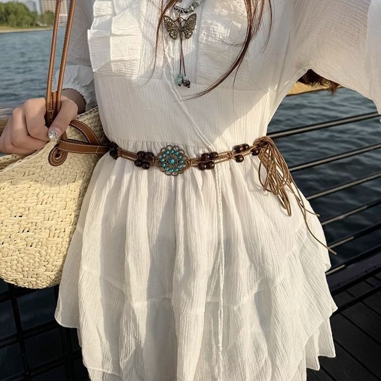 Ethnic Style Belt for Women in Summer with Dress Inlaid with Gemstone Waist Chain Belt Versatile Waist Rope Accessories Decoration