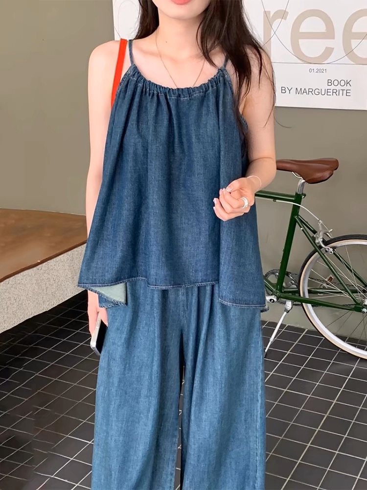 South Korea Chic Summer Vintage All-match Drawstring Hanging Neck Imitation Denim Vest Top High Waist Wide Leg Trousers suit Trendy
