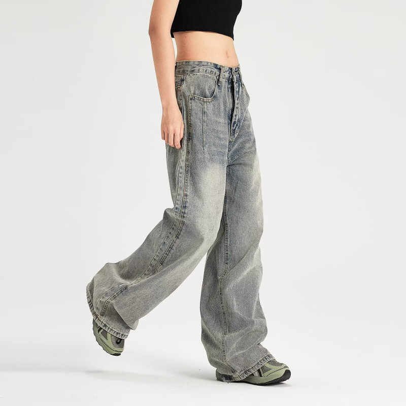 American Style Retro Old Straight Jeans Women's Spring and Autumn High Street Spice Girl Sag Loose Slimming High Waist Wide Leg Pants