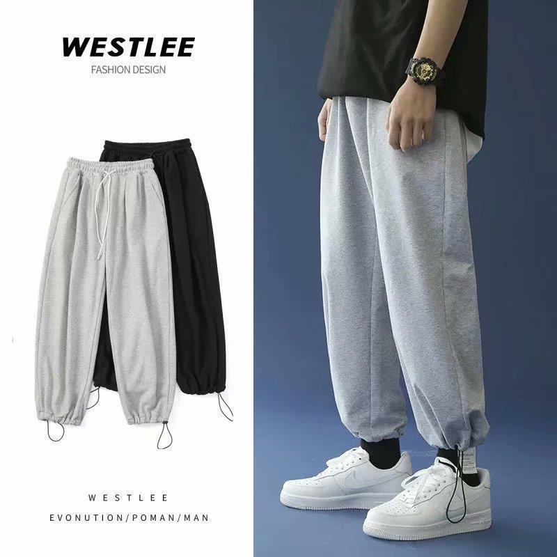 Pure color pants couple's Hong Kong style ankle-tied drawstring trendy sports pants student Korean style wide-leg pants loose slimming