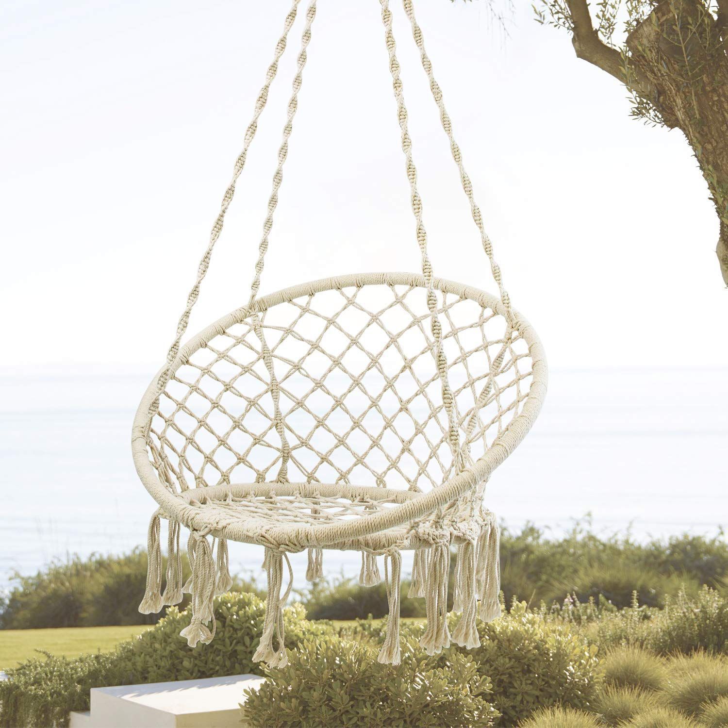 Yrins Internet celebrity tassel swing hanging chair home indoor cotton rope hanging basket rattan chair balcony Nordic style lazy cradle