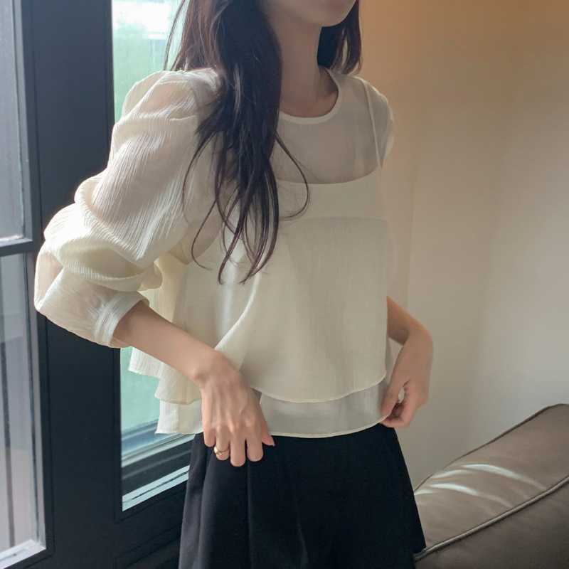 South Korea Niche Korean-style Perspective Shirt and Camisole Unique Long-sleeved Top Two-piece Set