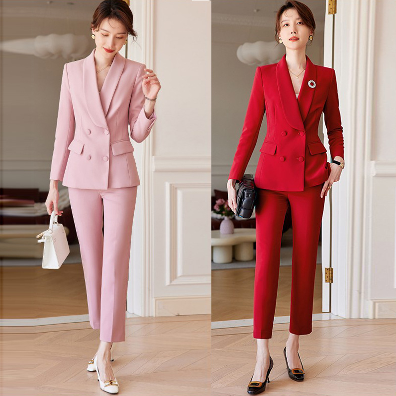 Spring and Autumn New elegant red suit suit wedding annual meeting goddess fan double-breasted formal wear business wear overalls