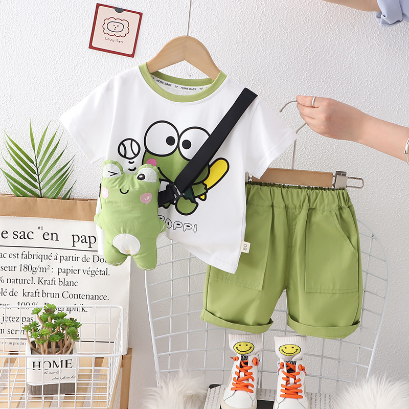 Summer western style short sleeve suit summer new children's baby boy fried street frog messenger bag round neck short sleeve suit