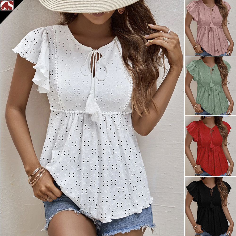 Amazon Europe Station Cross-border plus size Women's 2023 Summer New Hollow Jacquard Tassel Top