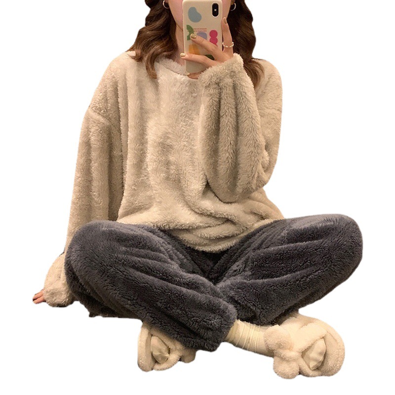 Winter new plush pajamas women's long sleeve solid color simple thickened coral fleece home wear two-piece set can be worn outside