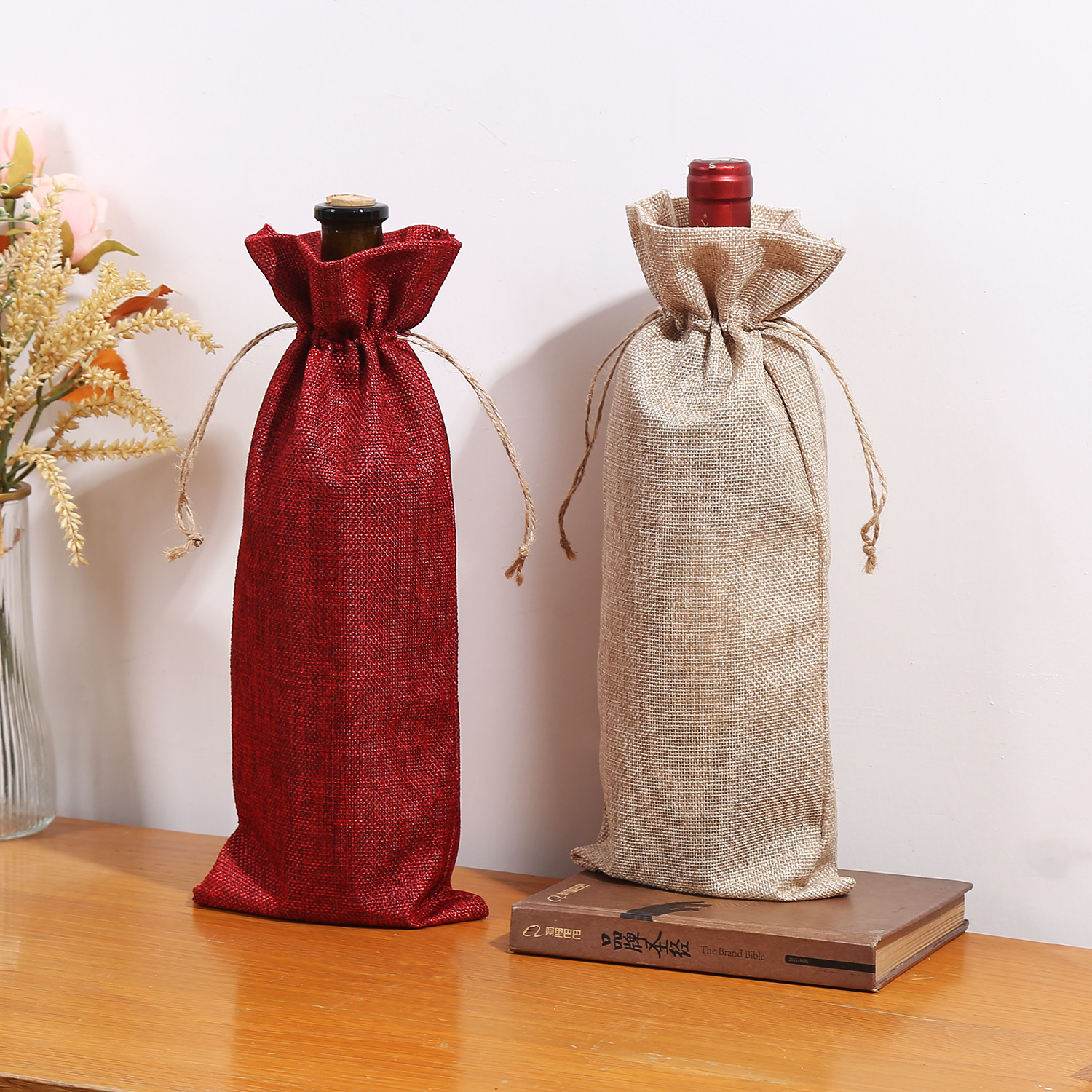 in stock linen red wine bag linen red wine bag linen red wine packaging bag drawstring pocket