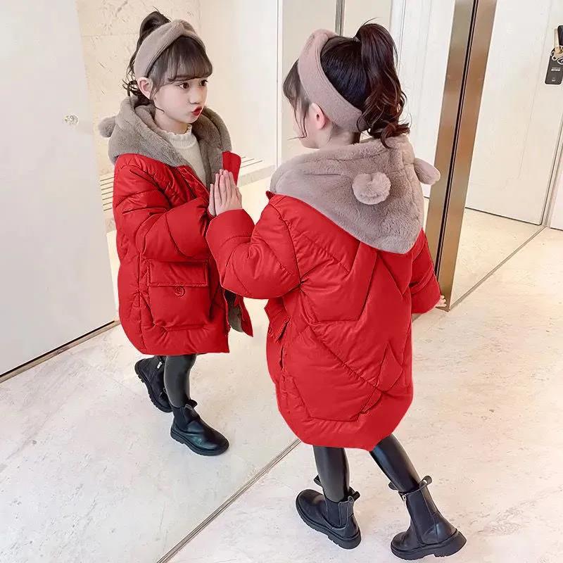 Picture of Women's Children's Clothing Winter Korean Style Cotton-padded Coat Mid-length Little Girl's Cute Cotton-padded Coat Thickened Warm-keeping Casual Cotton-padded Coat for Children