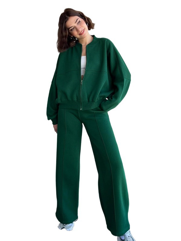 Picture of 211348 autumn and winter new cross-border European and American solid color zipper cardigan sweater women's fashion casual straight pants suit