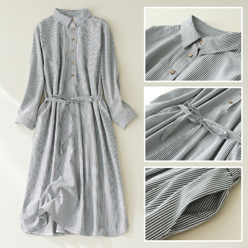 Picture of Real Shot 2022 Autumn Artistic Casual Loose A- Line Large Size Women's Wear Slimming Striped Over-the-knee Shirt Dress