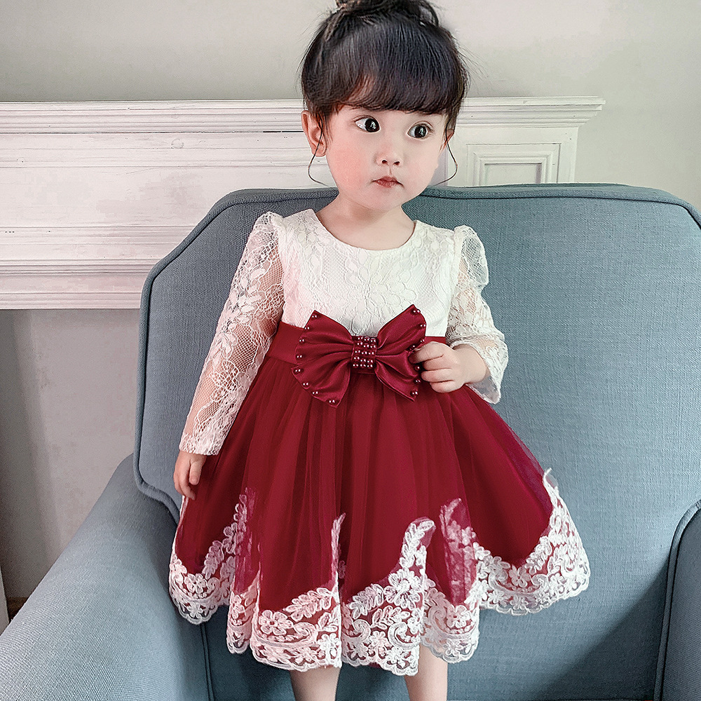 2025 Amazon Kidsren's Dress Baby First Birthday Gift Girl Lace Long-Sleeved Puffy Baby Washable Dress