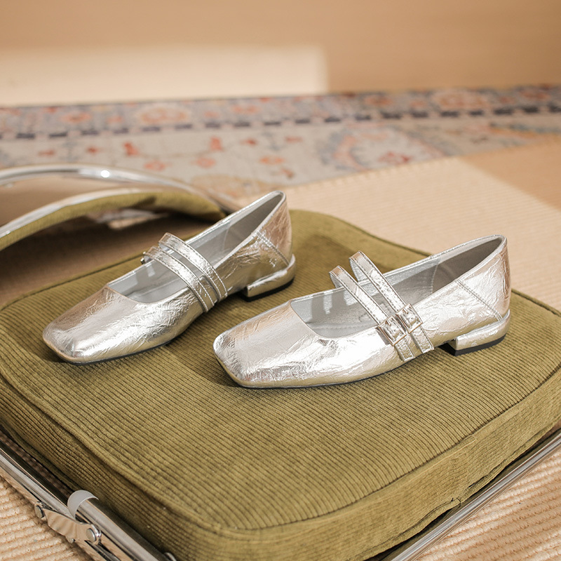 2305 Flat Shoes Women's Thick Heeled New Square Toe Shoes with Mary Jane Retro Low Mouth Low Heeled silver Shoes