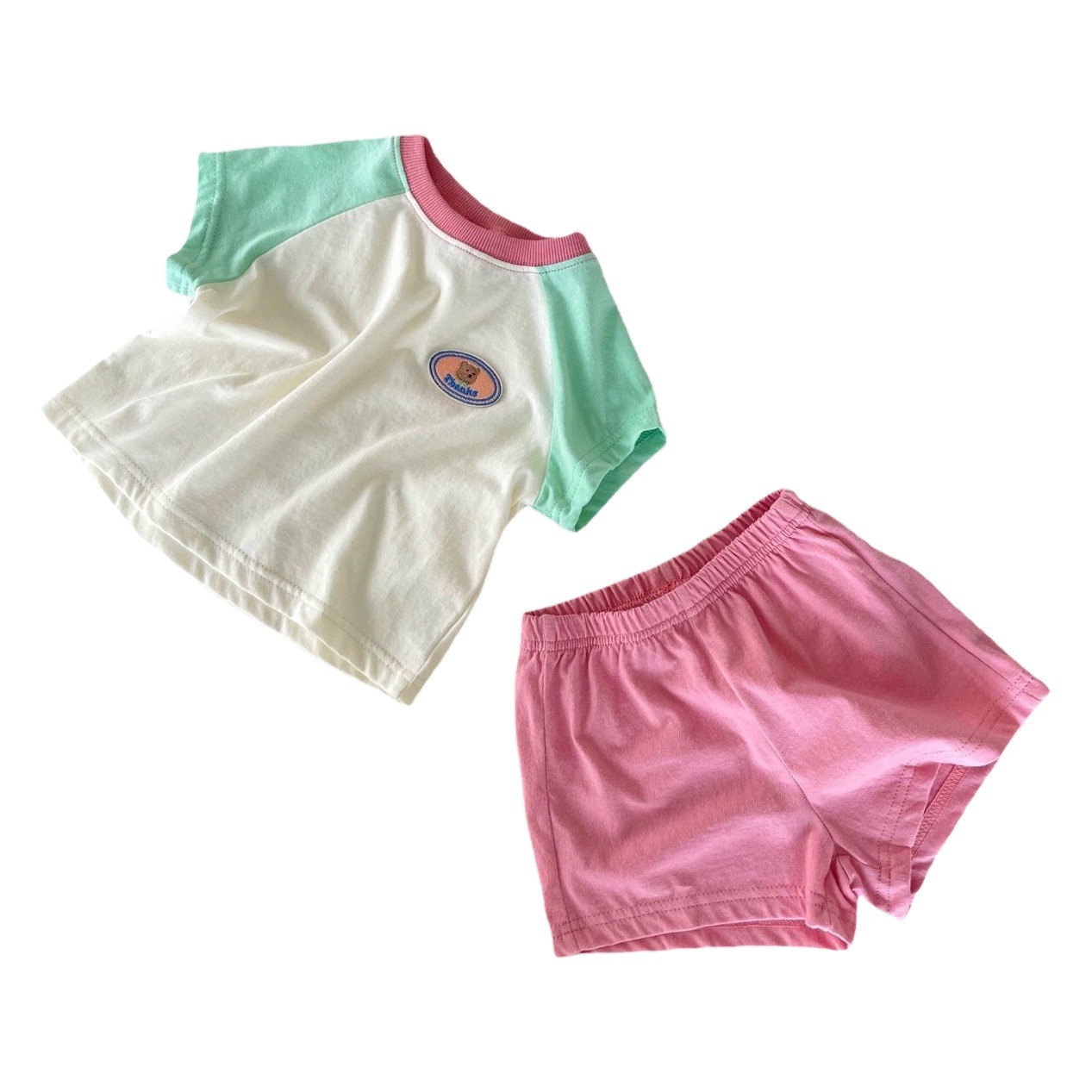 Korean Style Kidsren's Clothing Kidsren's Short-Sleeved Suit Summer Baby Girl Clothes Infant Contrasting Color Two-Piece Set Baby Pure Cotton Summer Clothes
