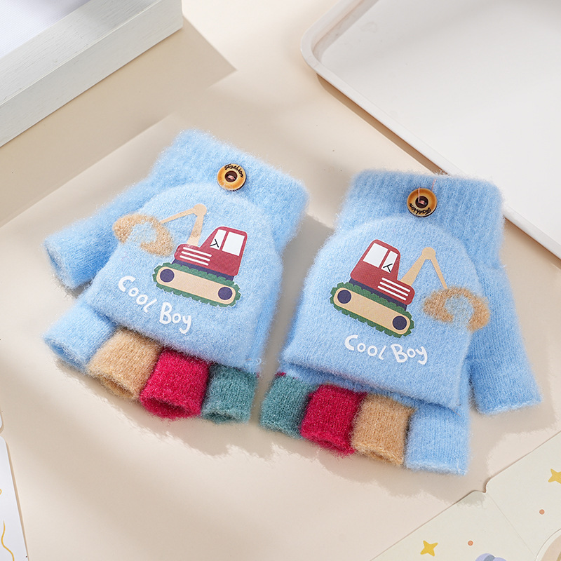 Picture of Children's flip gloves autumn and winter boys half finger warm cute Primary School students writing knitted dual-purpose gloves wholesale