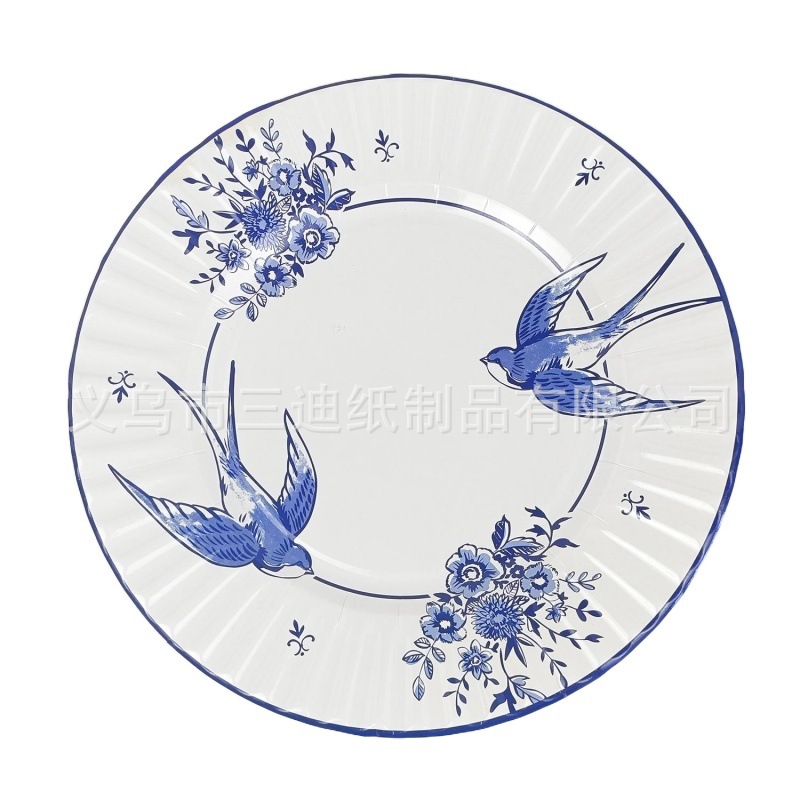 Picture of Disposable Paper Plate Blue and White Porcelain Printed Large Flat Plate Party Party Decorative Plate Dim Pot Plate Picnic Spring outing Tableware