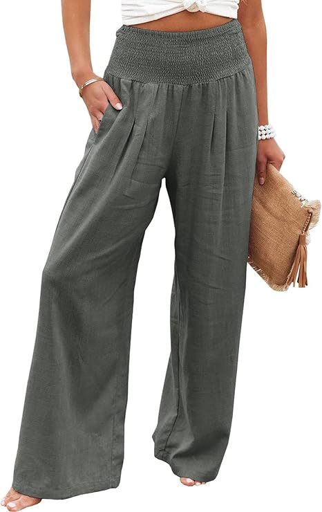 Picture of 2025 Amazon Women's Linen Pants High Waist Trousers Wide Leg Flowing Pants Beach Vacation Wear Casual Wear