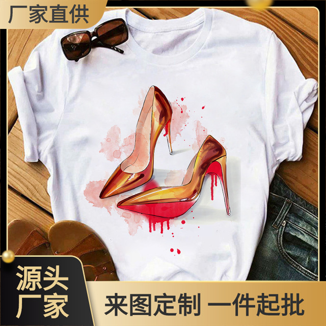 2025 foreign trade new spring and summer high heels printed fashion casual pattern women's top short sleeve T-shirt