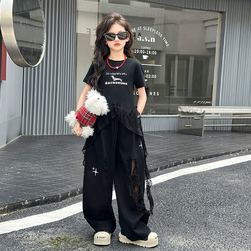 Picture of Girls' Summer Hole Sports suit Western Style 2025 New Casual Girls' Top Wide Leg Pants Two-Piece Trendy