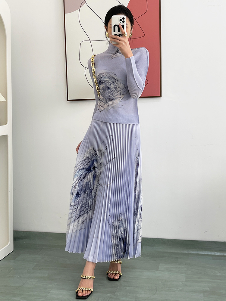 Miyake Fashion Casual Suit Women's Spring and Autumn New Pleated Long Sleeve T-Shirt Pleated Skirt Two-Piece Set