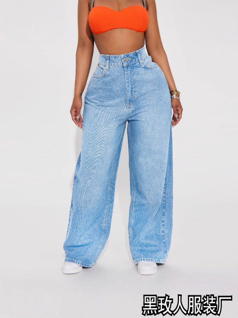 New Amazon Aliexpress Cross-Border European and American Women's Jeans Women's High-Waisted Slim Straight Denim Trousers Hot Style