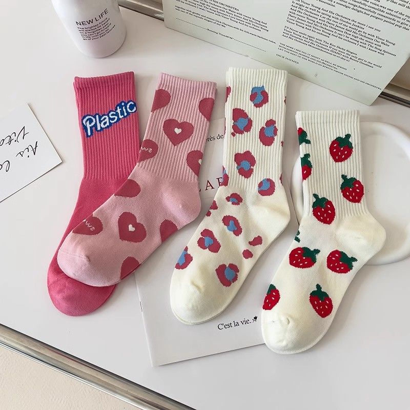 Socks Women's Mid-length Socks Spring and Autumn Stockings Japanese and Korean Fashionable All-match Love Fruit Strawberry Socks Non-slip Female Student Socks