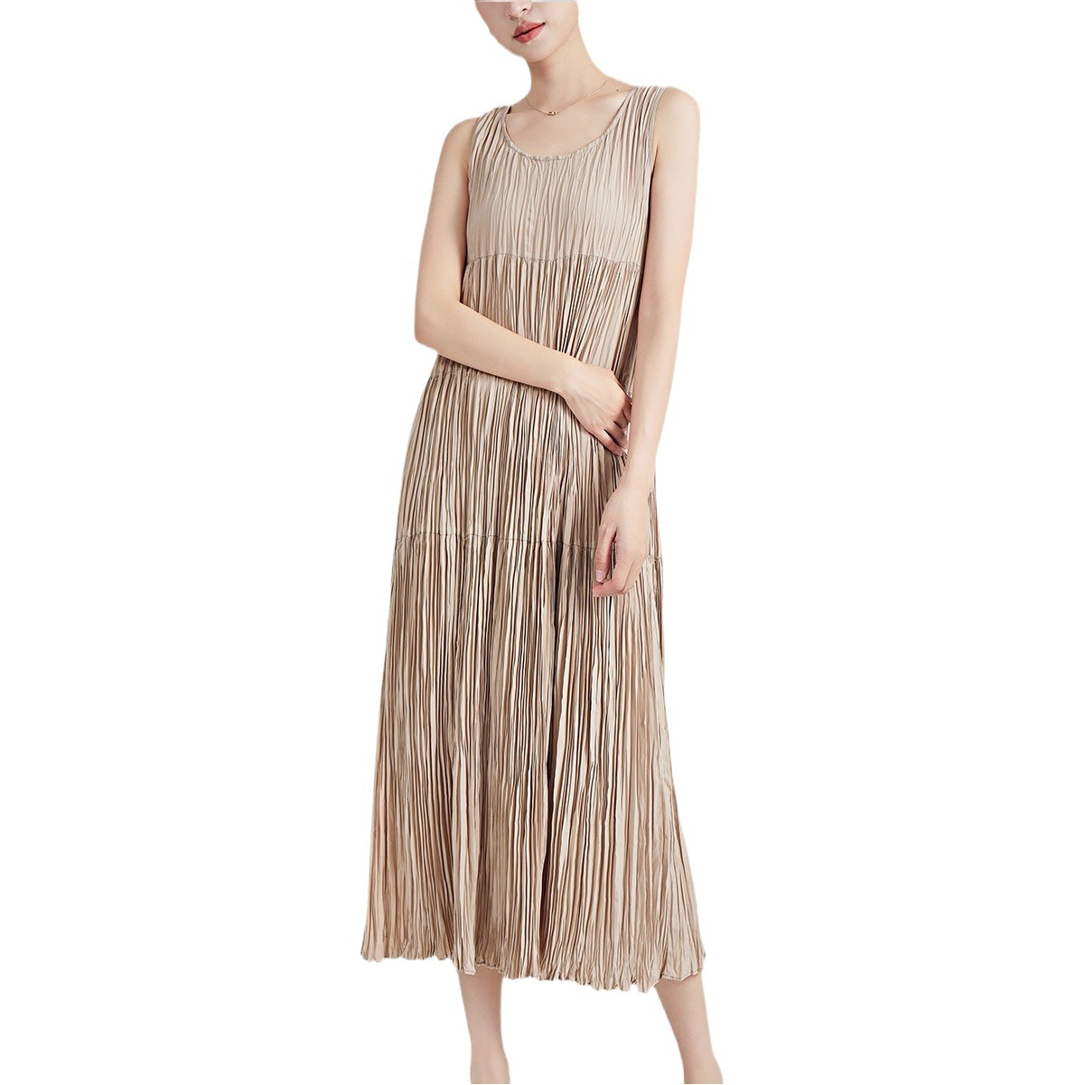 Handmade Pleated Skirt Summer Women's Wear Sleeveless Pleated Skirt Women's Southern Oil High-end Explosions dress Long High-end Sense