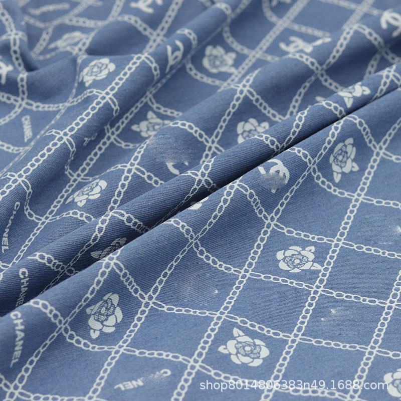 Picture of High D Camellia Printed Washed Denim Fabric Clothing Fabric Handmade DIY Clothes Jacket Pants
