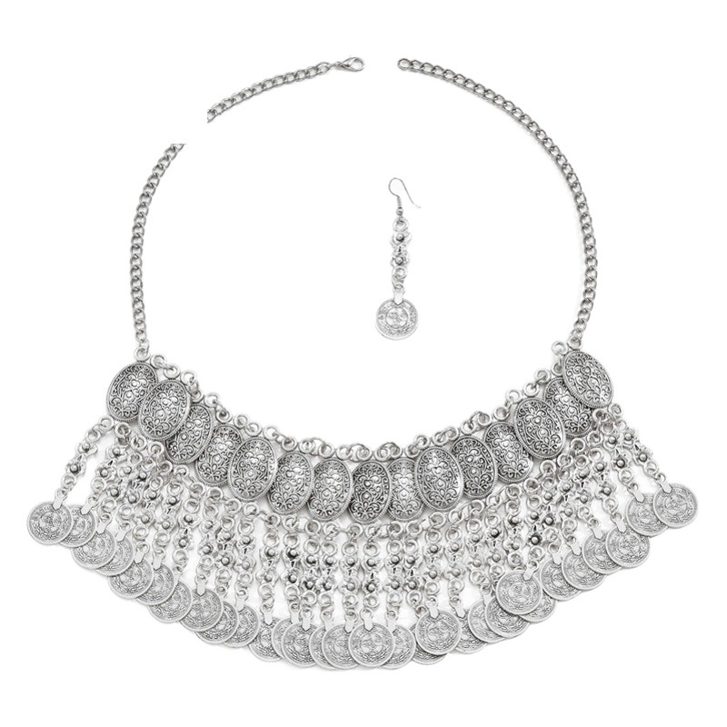 European and American fashion retro coin drop spike exaggerated temperament necklace earrings suit coin tassel long jewelry women