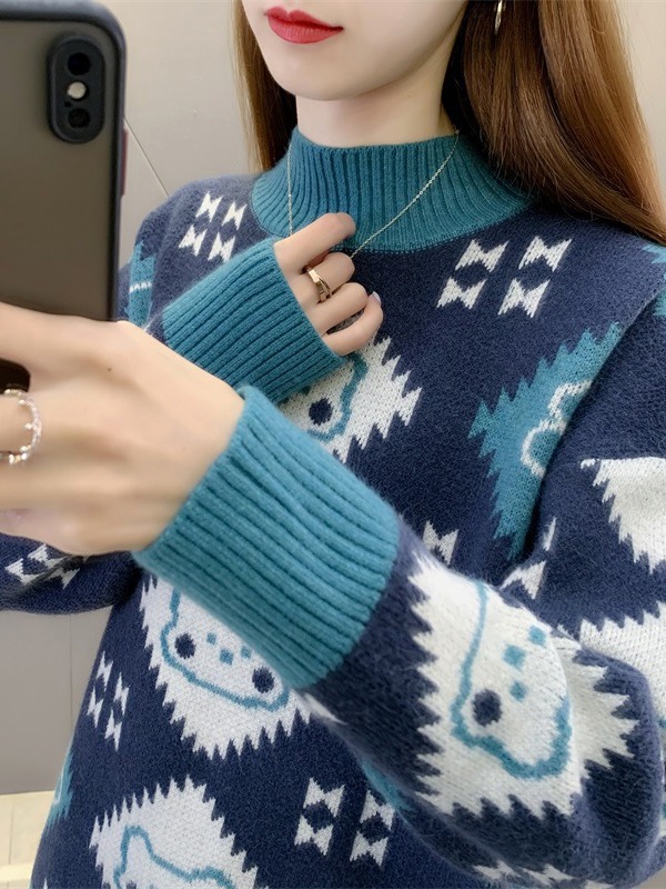 Picture of Thickened sweater women's autumn and winter 2024 new fashion jacquard loose half turtleneck bottoming sweater top