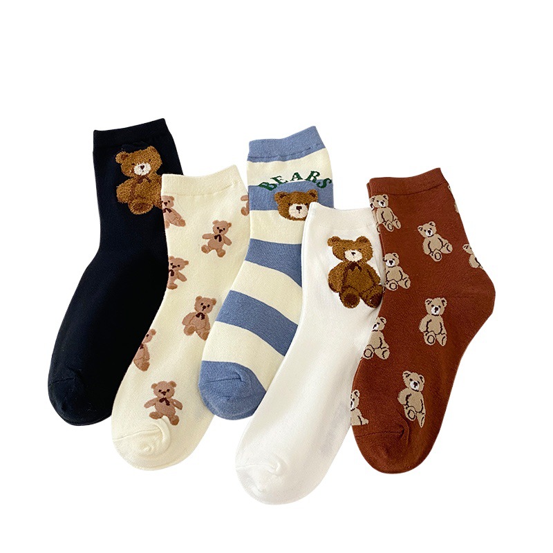 2022 New South Korea Dongdaemun Socks Women's Mid-tube Socks Cartoon Bear Flocking Fall/Winter Cyber Red Women's Cotton Socks
