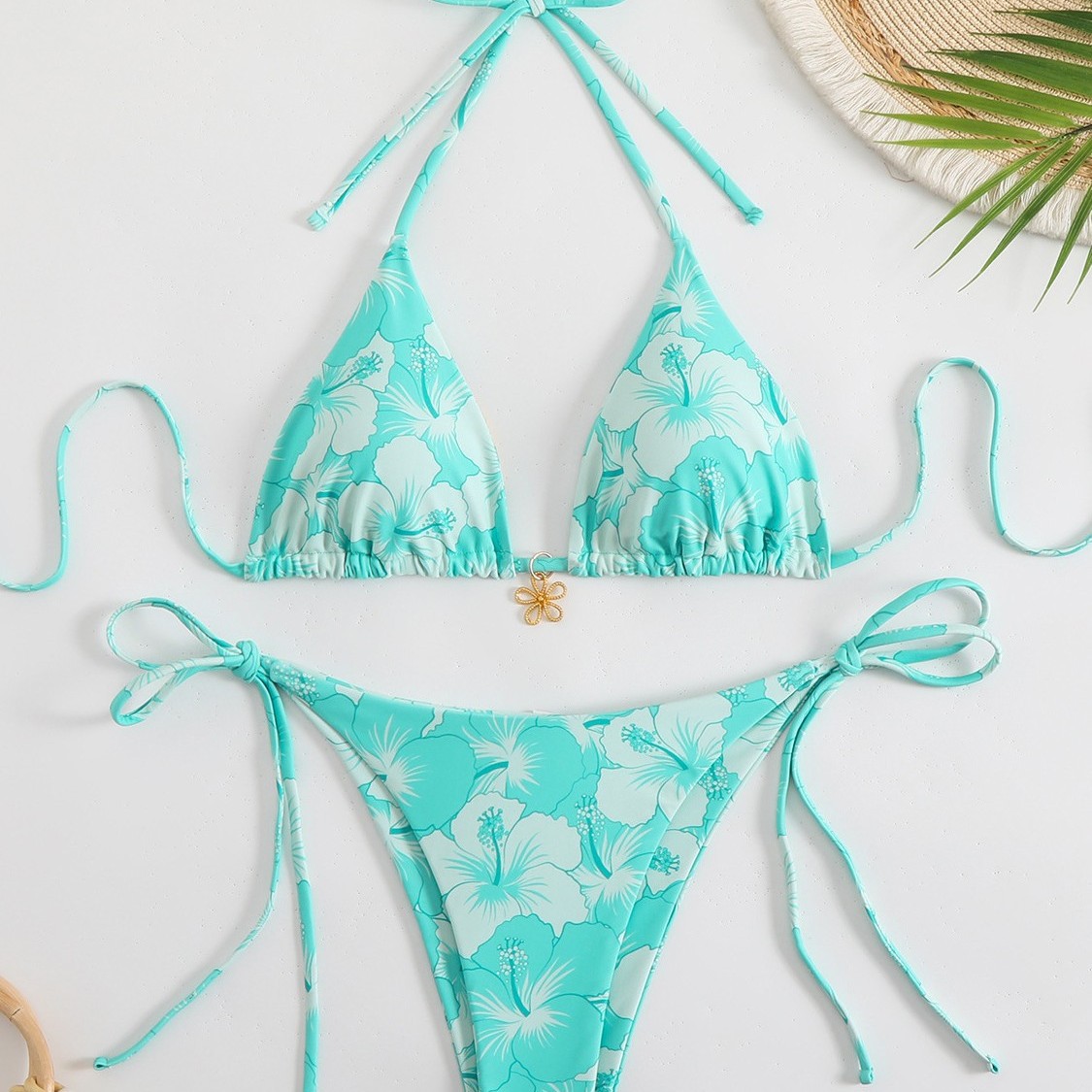 2025 New European and American Bikini AliExpress Independent Station Printed Neck Strap Bikini Swimsuit Women