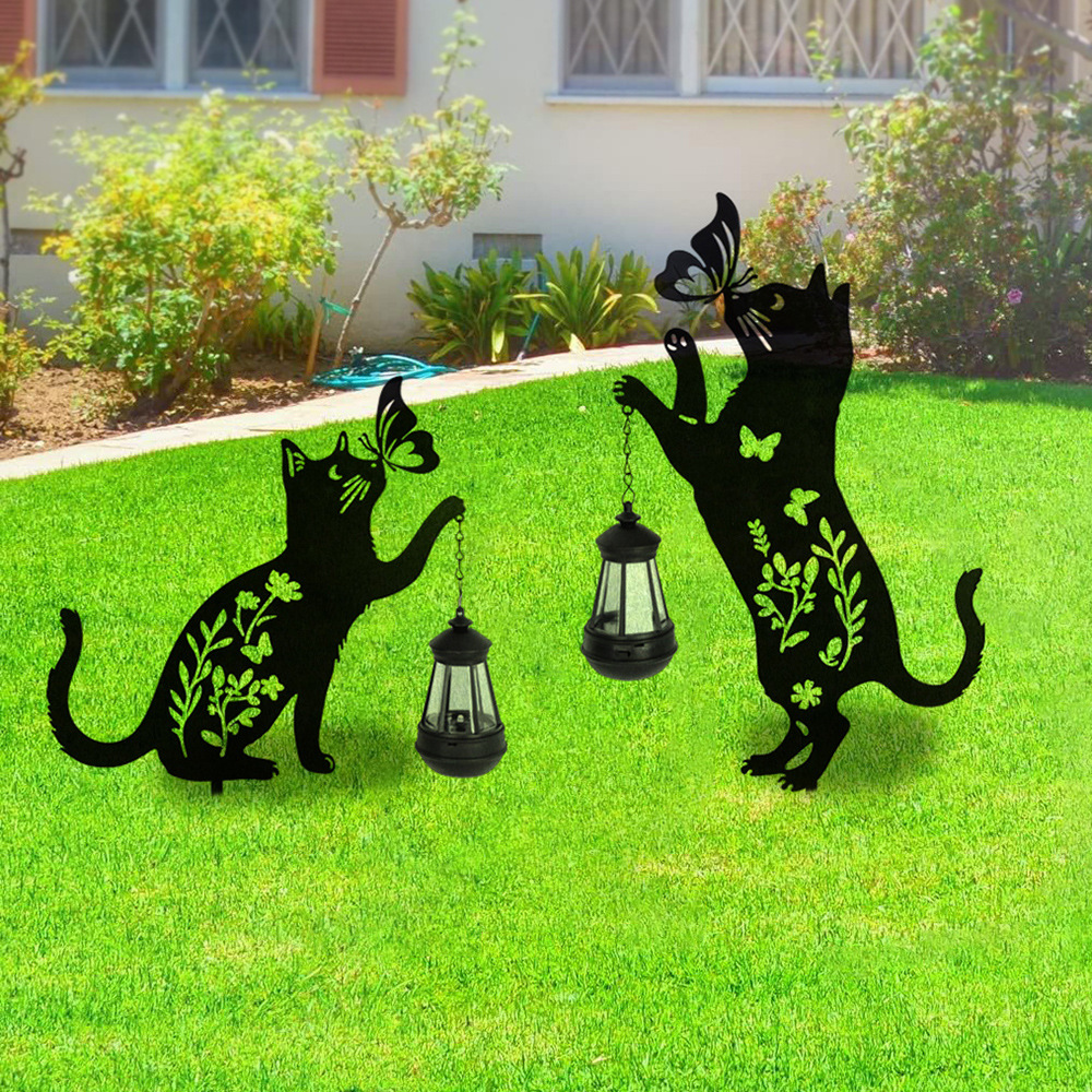 Cross-border outdoor garden courtyard metal iron cat silhouette black cat hand-held solar lamp decoration