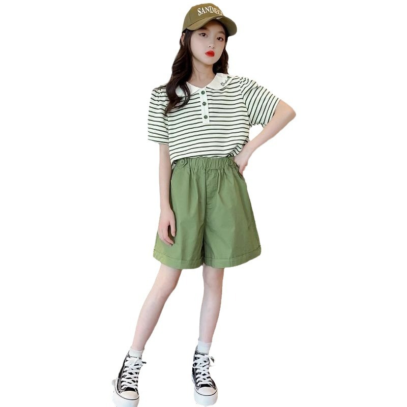 Picture of Girls' suit Summer Big Girls' Short-sleeved Striped Doll Collar Top Casual Shorts Children's Summer Sports Summer Wear