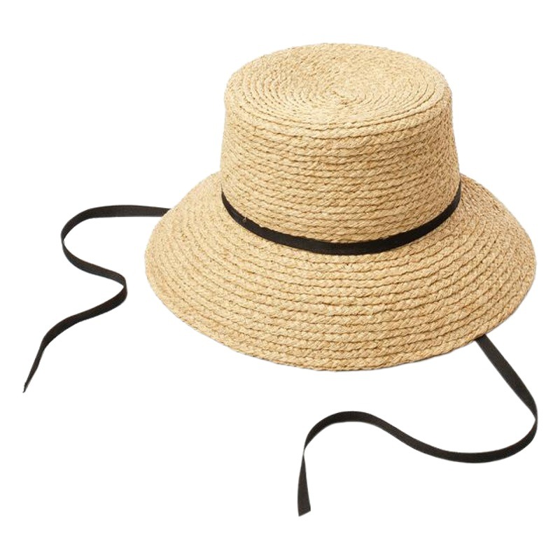 Children's Spring and Summer New Flat-top Pot-type Rafi Straw Hat with Lace-up Outdoor Travel Beach Sunscreen Straw Hat
