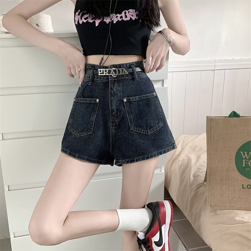 Korean Style Simple High Waist Denim Shorts Women's Summer New Design Sense Loose Slimming Belly Covering Wide-leg Hot Pants
