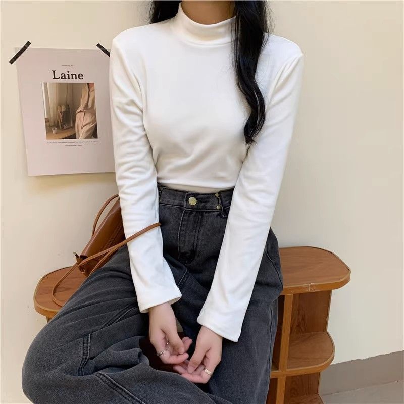 White Half-high Collar Double-sided Velvet Inner Base Shirt Women's Autumn and Winter fleece-lined Stylish Simple Long-sleeved T-shirt Top
